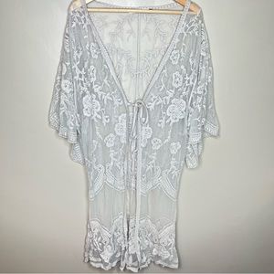 Origami Floral Lace Grey Kimono Long Beach Cardigan One Size